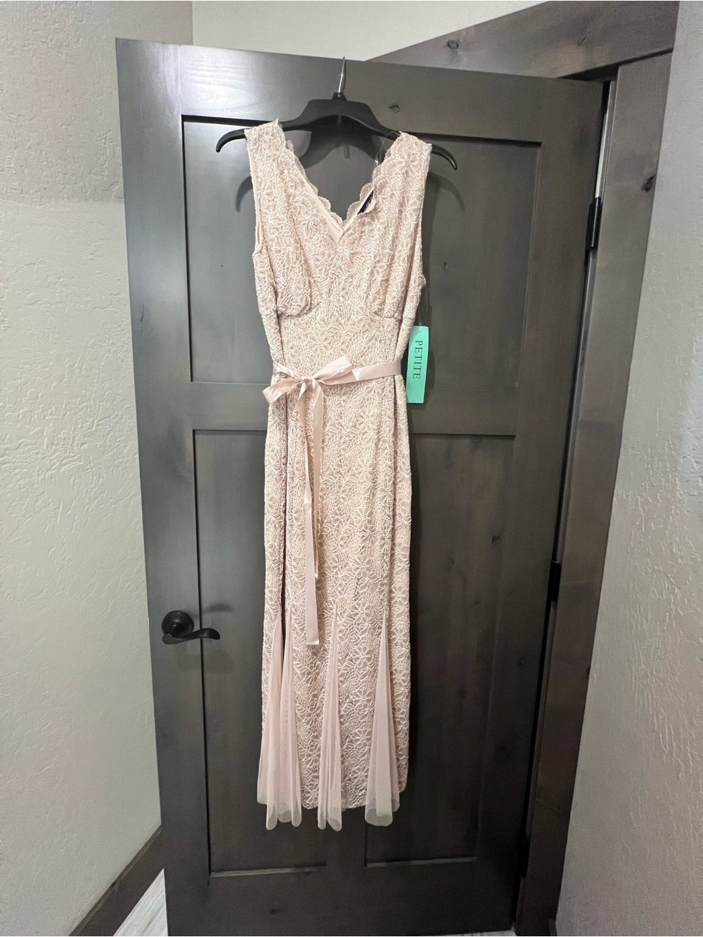 Sleeveless Lace Maxi Dress in Light Blush with Satin Waist Tie